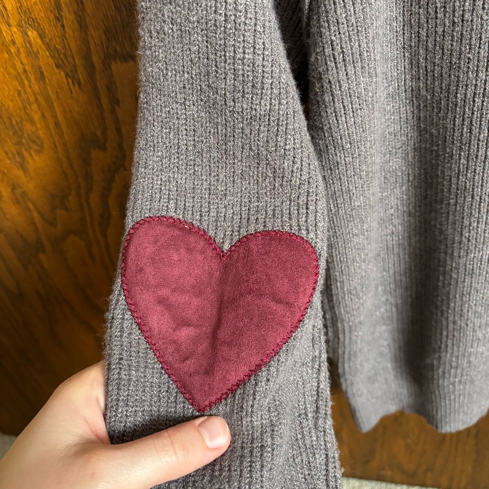 Modcloth Size X-Small Brown Heart Elbow Patch Mock-Neck Grey Long Sleeve Sweater - Picture 4 of 7